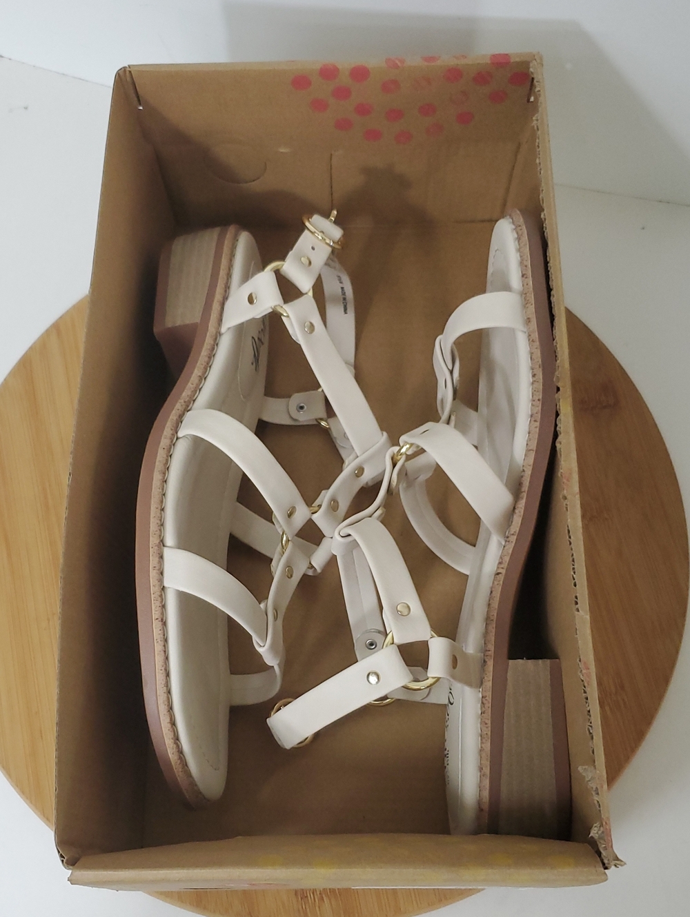 Women’s Cream Strappy Block Heel Sandals with Gold Hardware